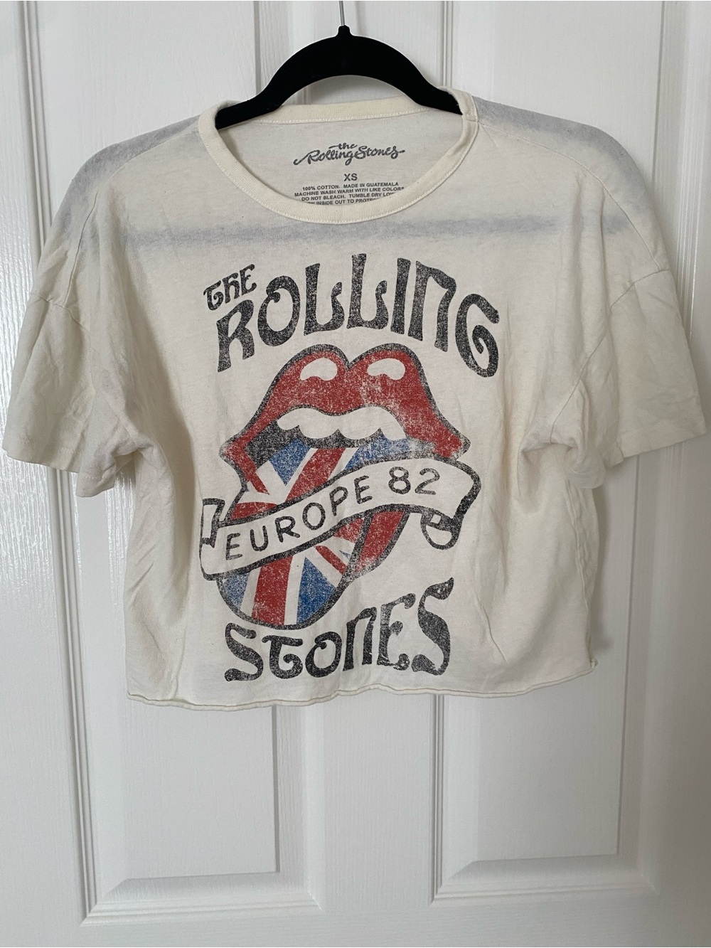 the Rolling Stones Cream Crop Tee with Red & Blue Tongue Graphic
